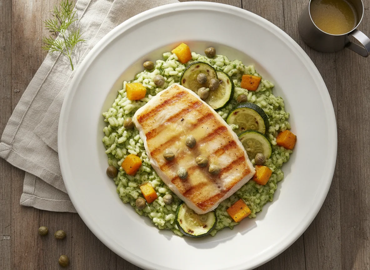 Peixe grelhado com risoto de legumes e alcaparras photo