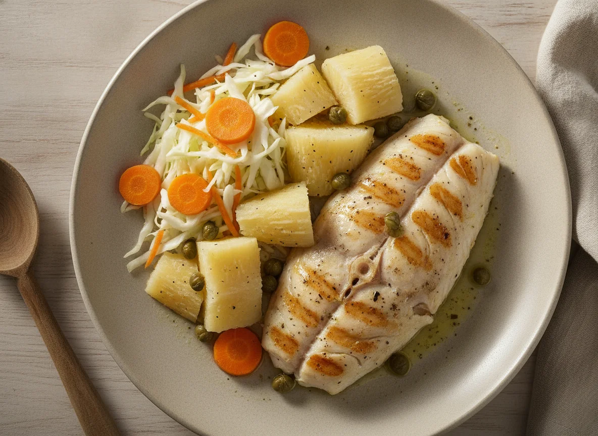 Peixe grelhado com salada, alcaparras e mandioca photo
