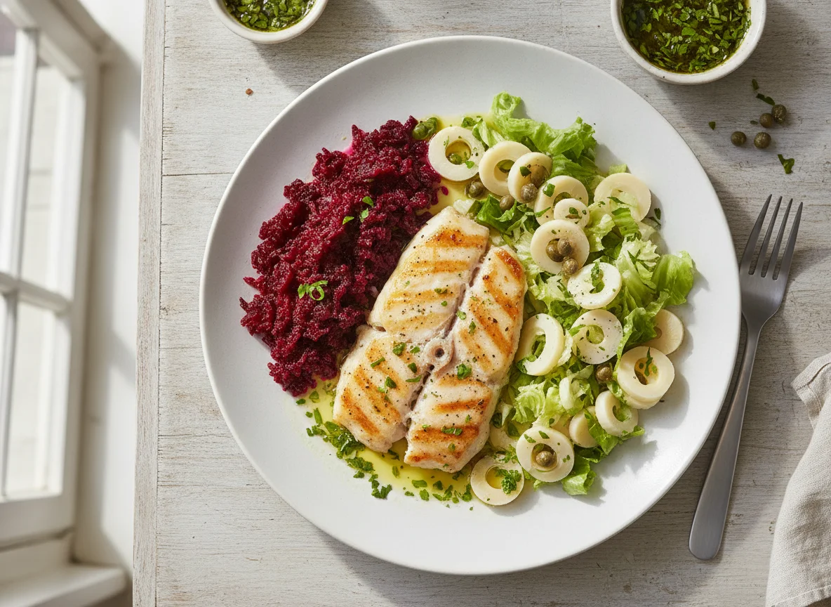 Peixe grelhado com salada de beterraba e palmito photo