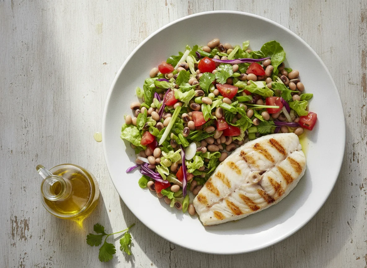 Peixe grelhado com salada de feijão fradinho photo