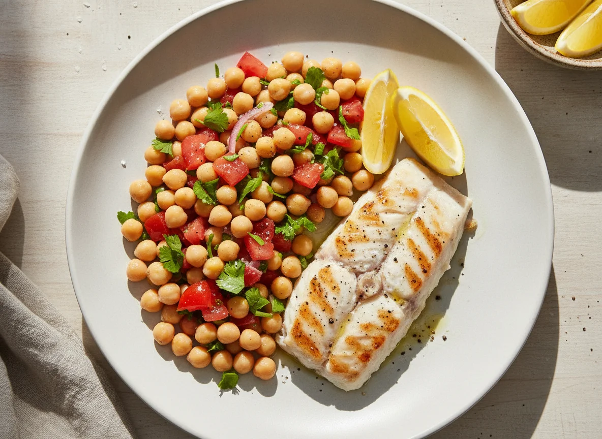 Peixe grelhado com salada de grão-de-bico photo