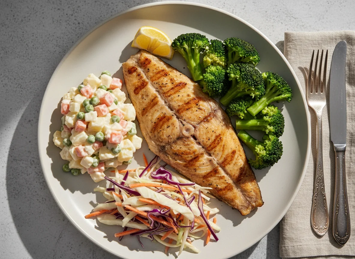 Peixe grelhado com salada de maionese, brócolis e salada de repolho photo