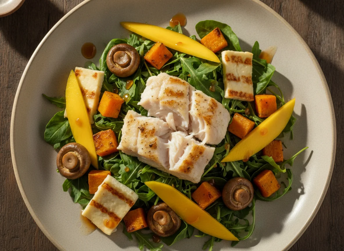 Peixe grelhado com salada de manga, cogumelos e abóbora photo