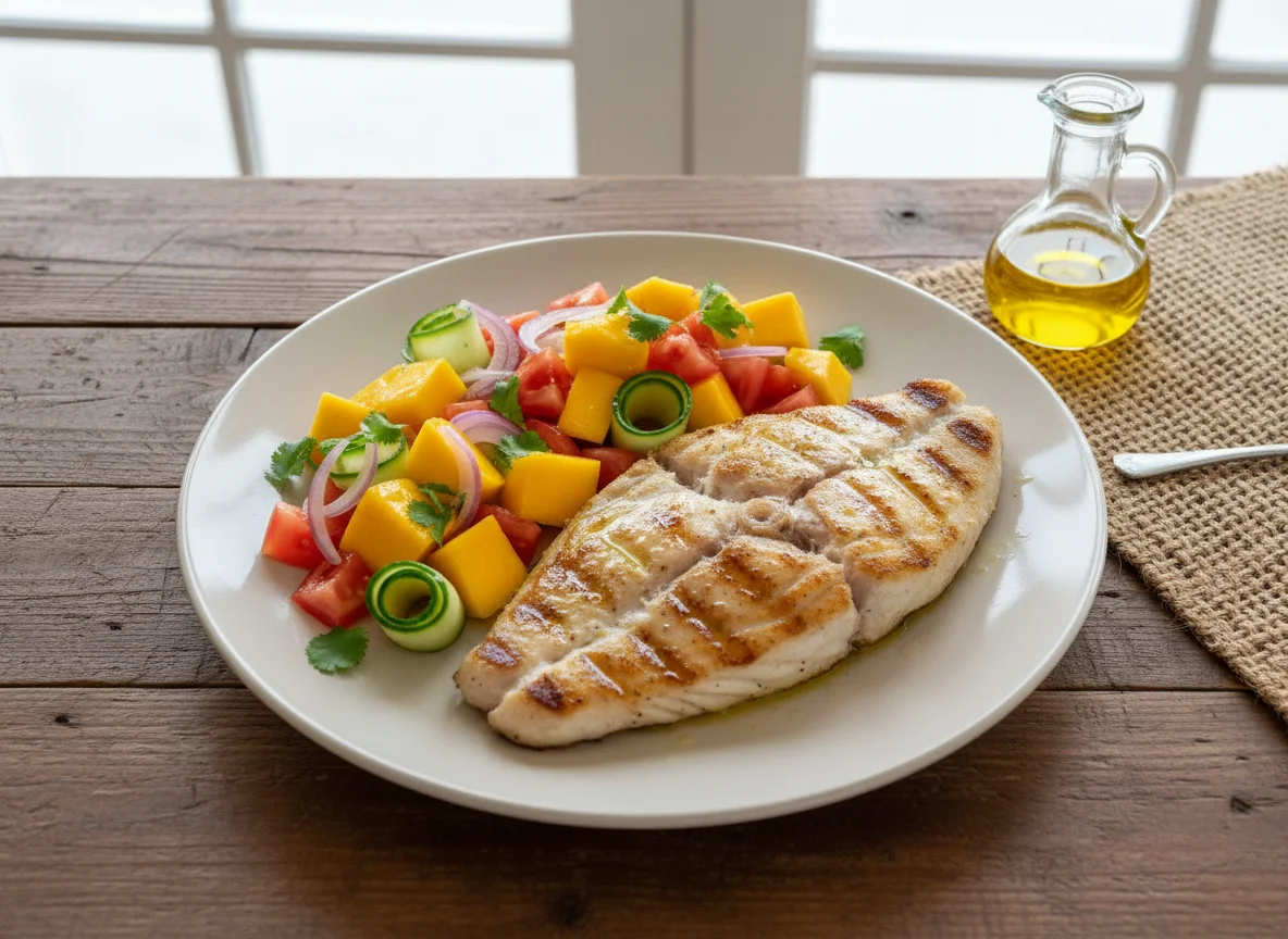 Peixe grelhado com salada de manga e vegetais photo