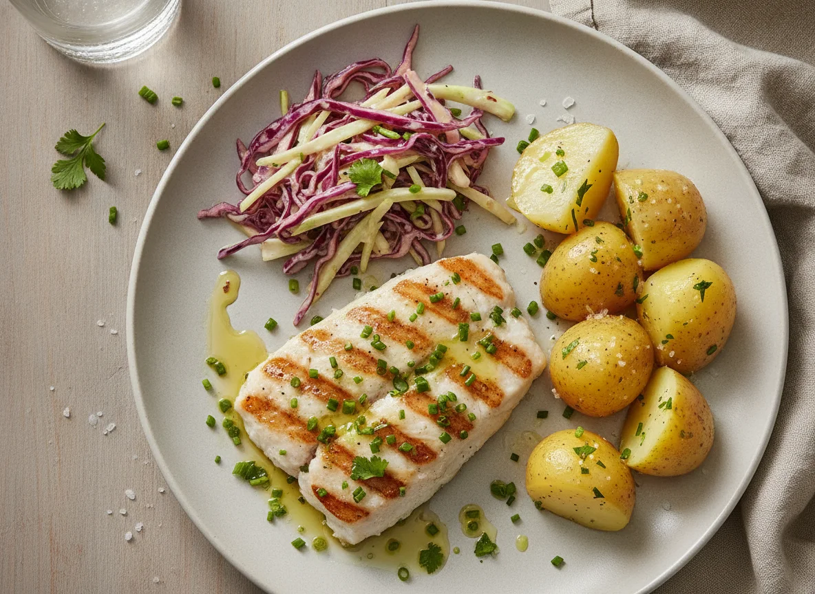 Peixe grelhado com salada de repolho e batatas photo