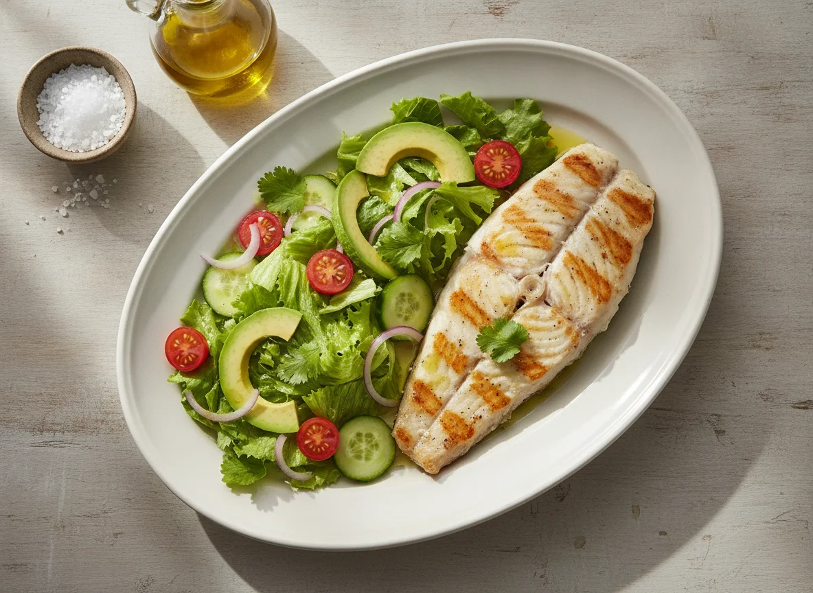 Peixe grelhado com salada e abacate photo