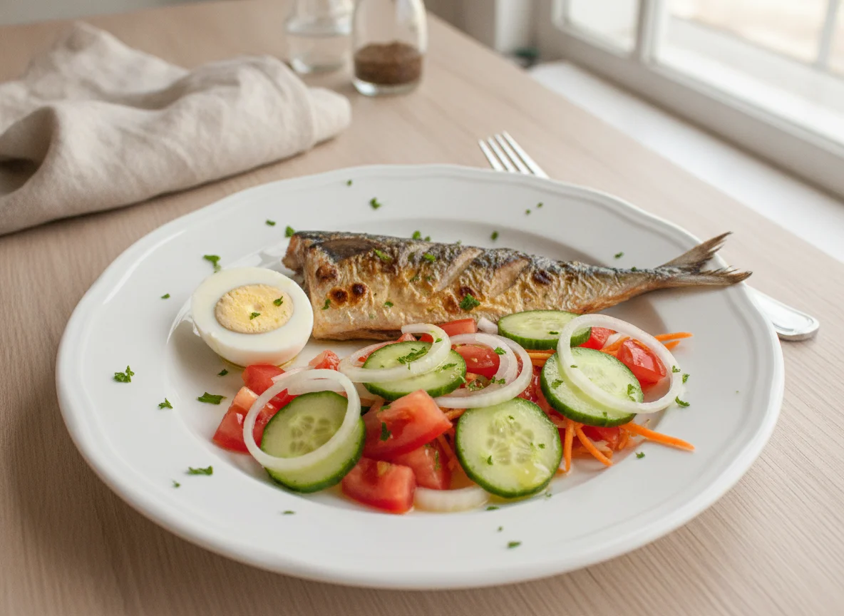 Peixe Grelhado com Salada e Ovo Cozido photo