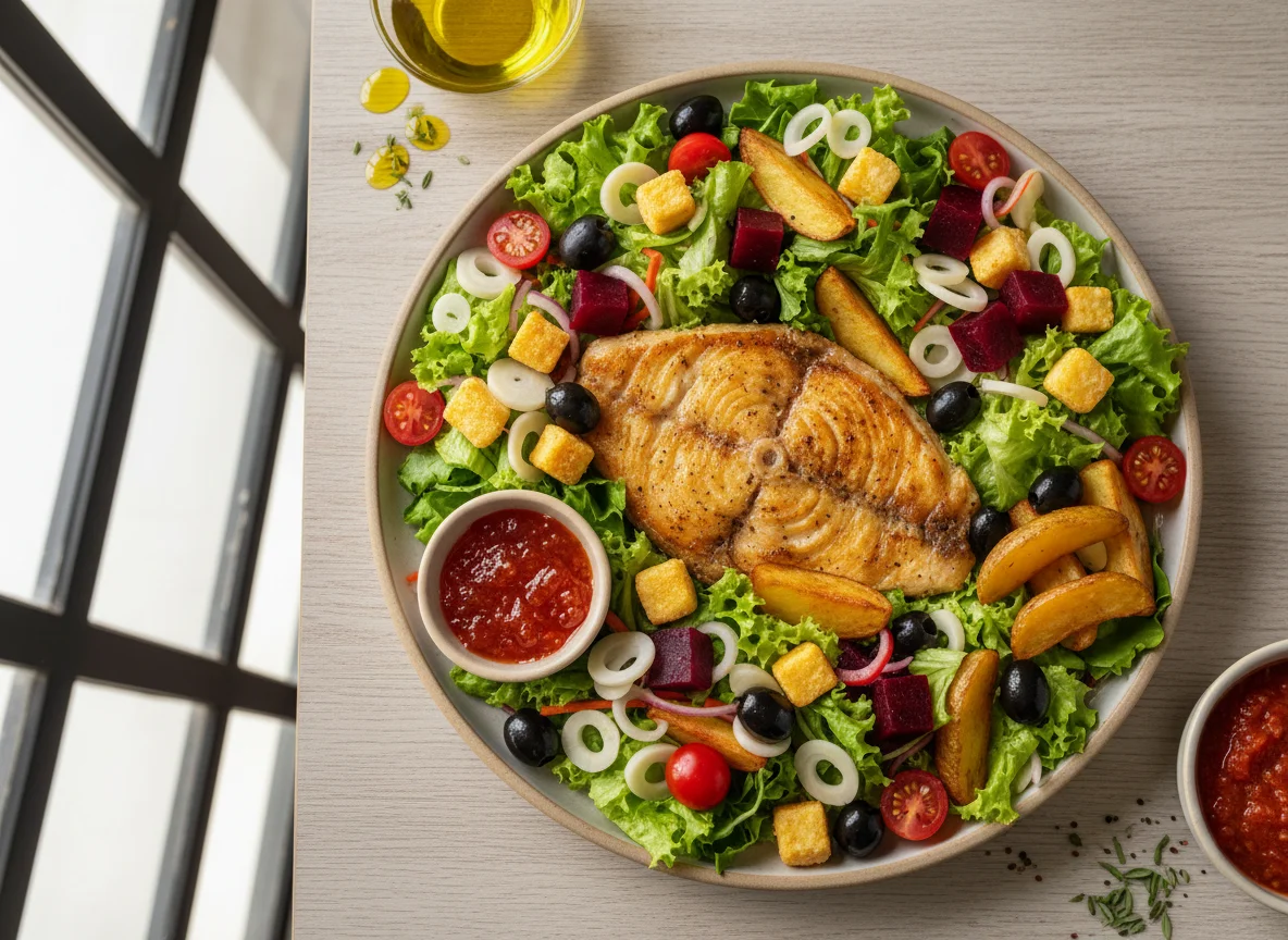 Peixe grelhado com salada mista e acompanhamentos photo