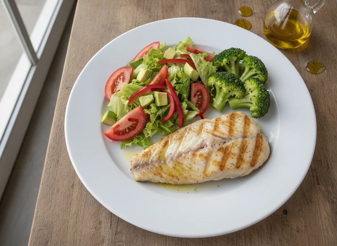 Peixe grelhado com salada mista e brócolis photo