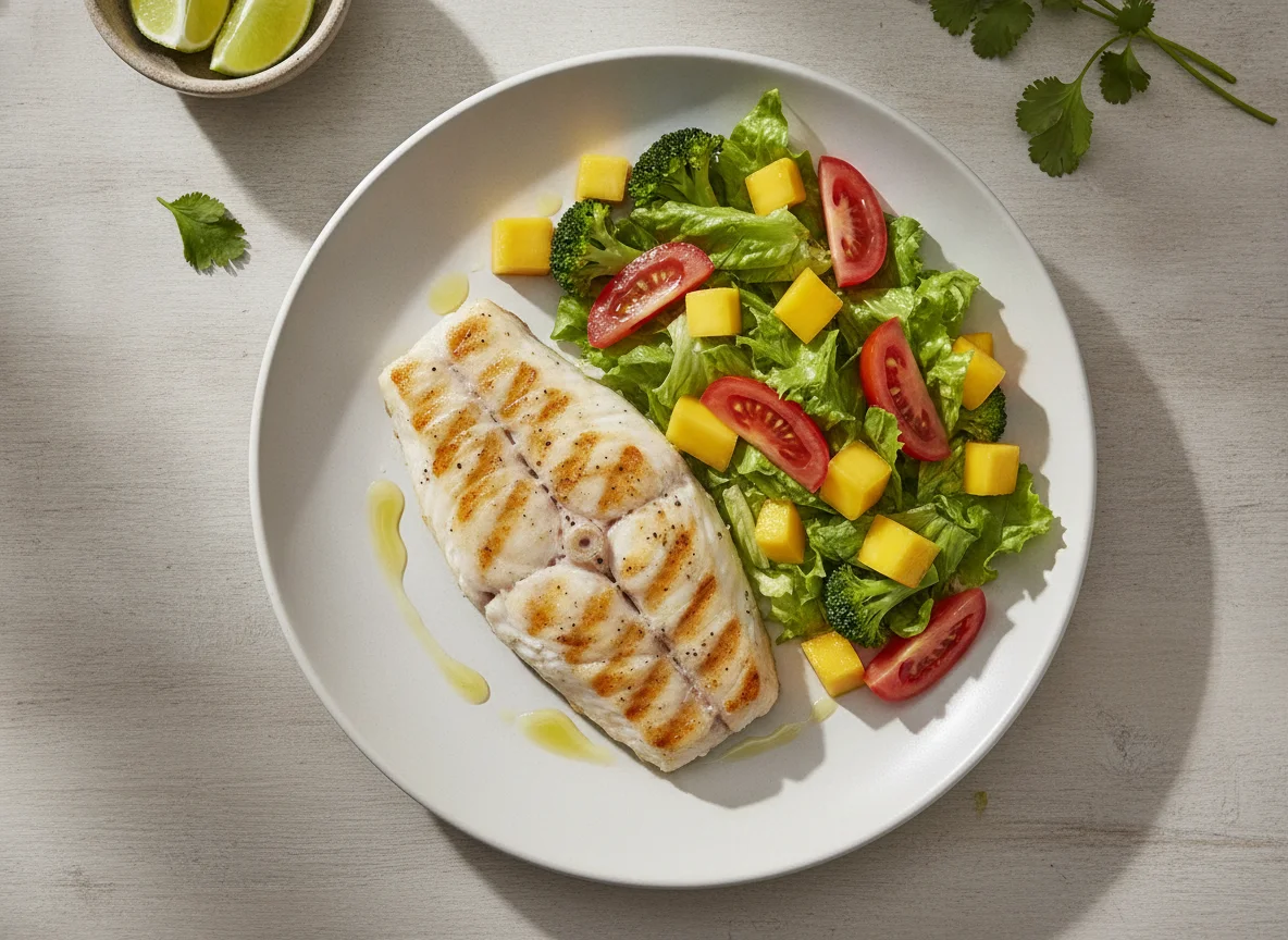 Peixe grelhado com salada mista e manga photo