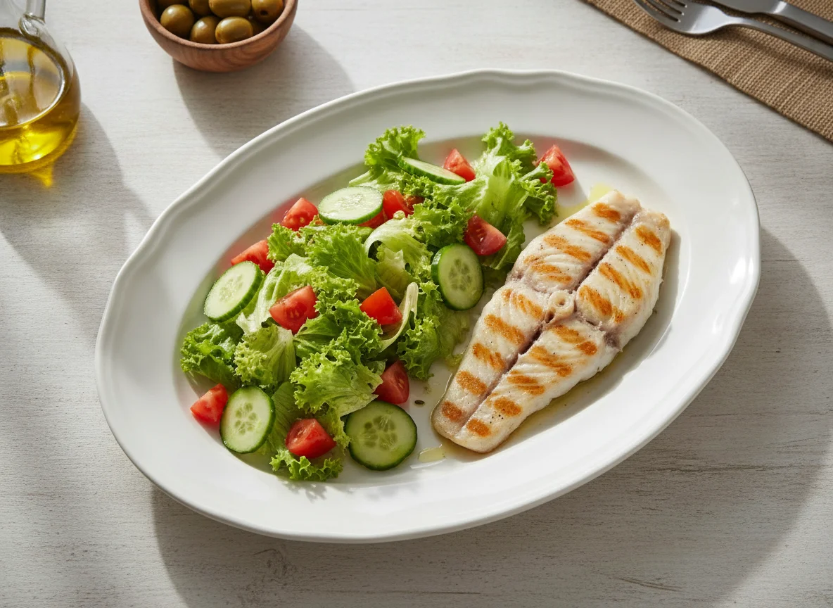 Peixe grelhado com salada mista photo