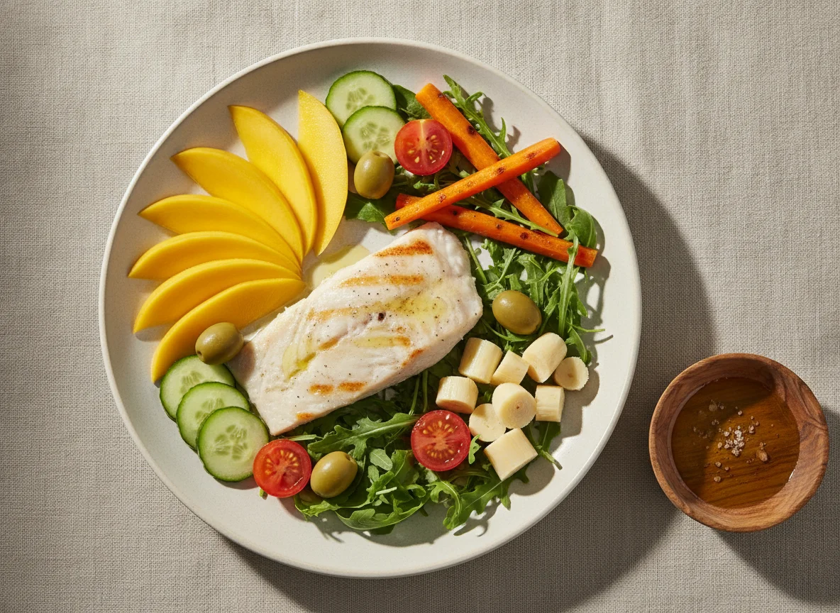 Peixe grelhado com salada tropical e legumes photo