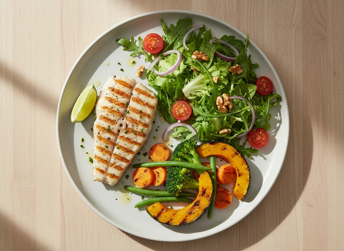 Peixe grelhado com salada variada e legumes photo