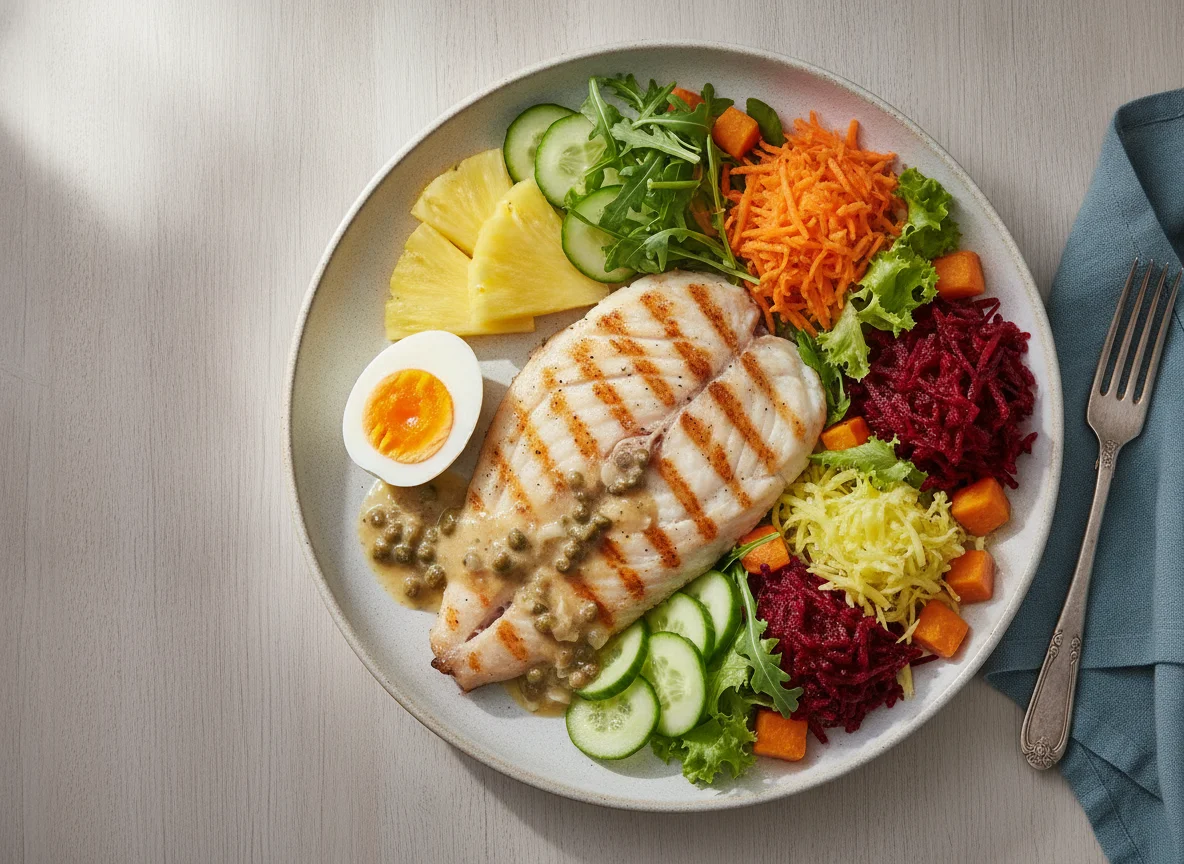 Peixe grelhado com salada variada e ovo cozido photo