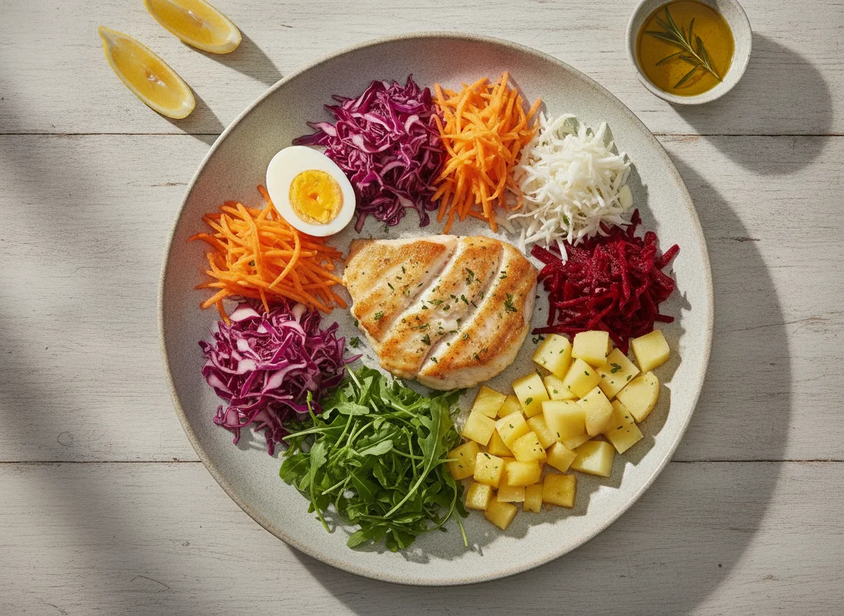 Peixe grelhado com salada variada e ovo photo
