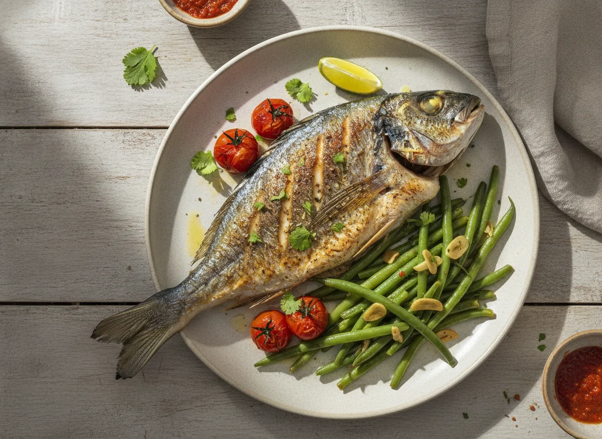 Peixe grelhado com tomate e feijão-verde photo