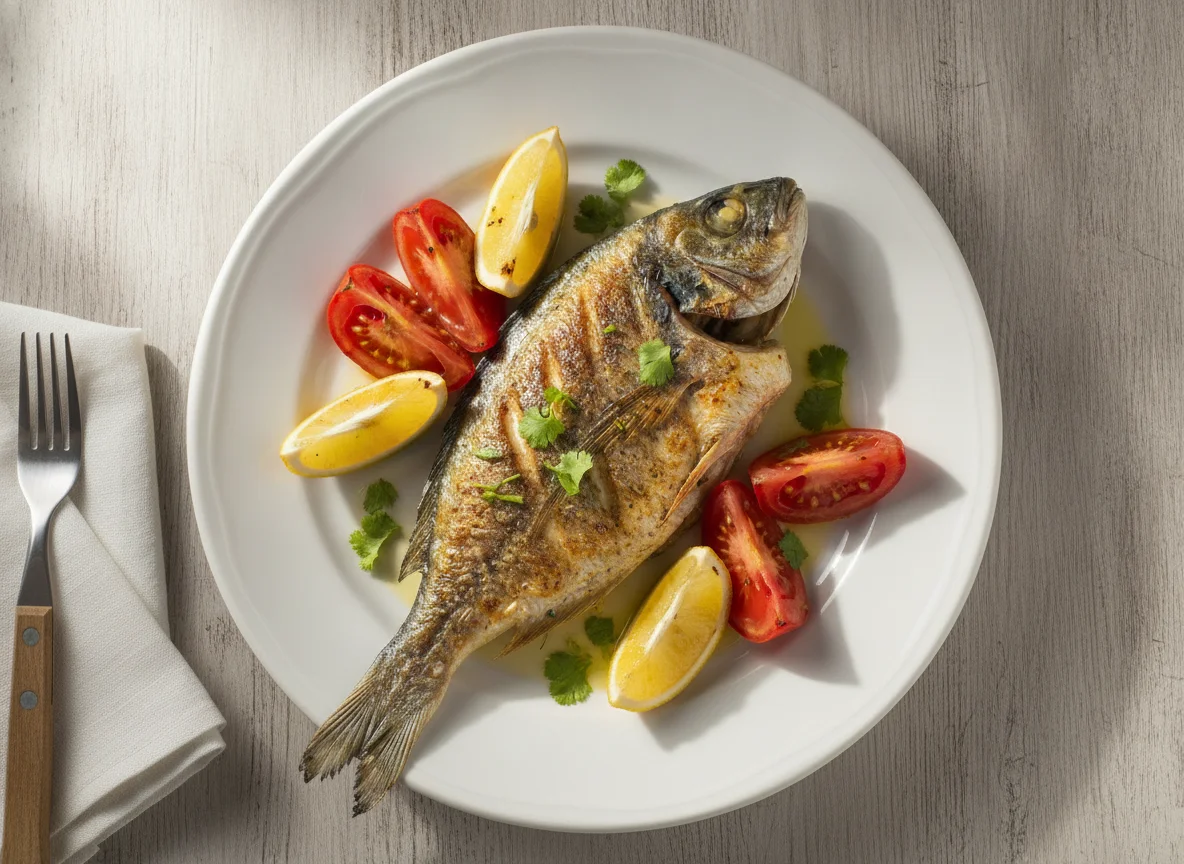Peixe grelhado com tomate e limão photo