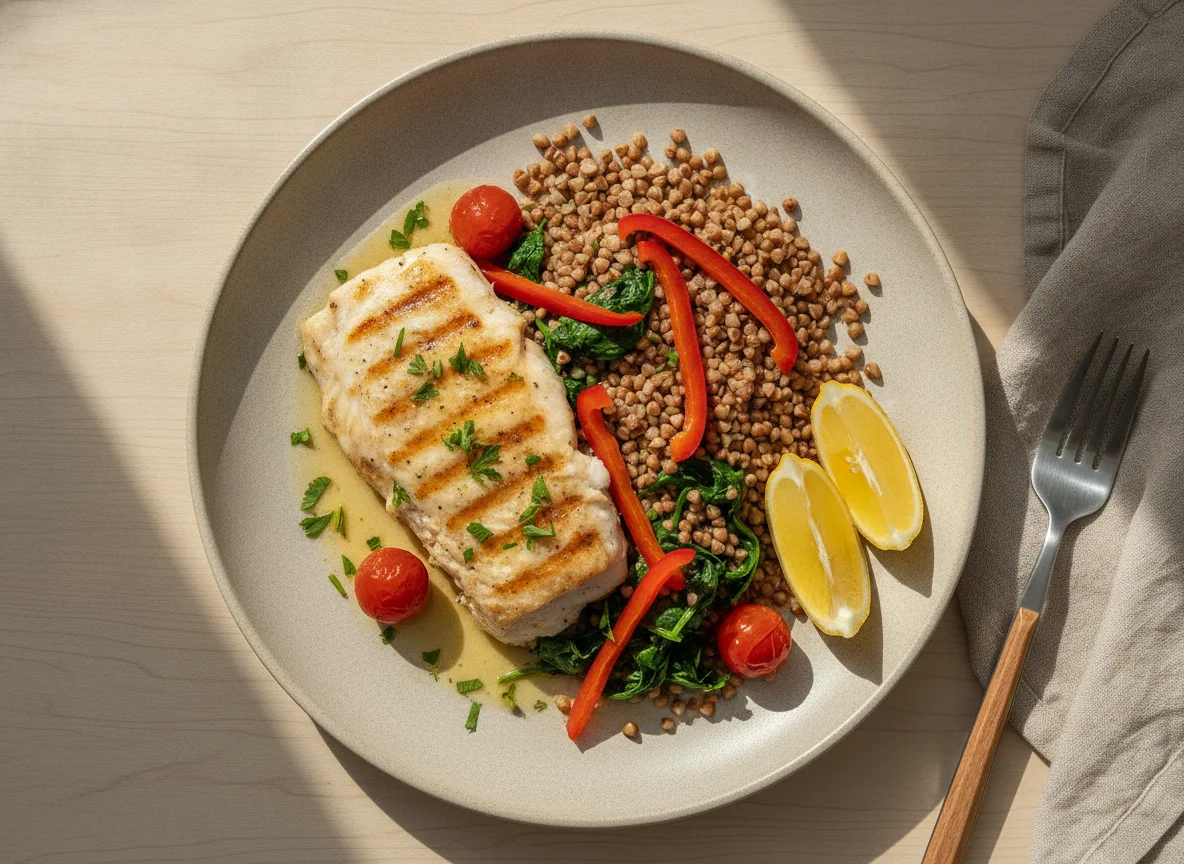 Peixe grelhado com trigo sarraceno, espinafres e pimento photo