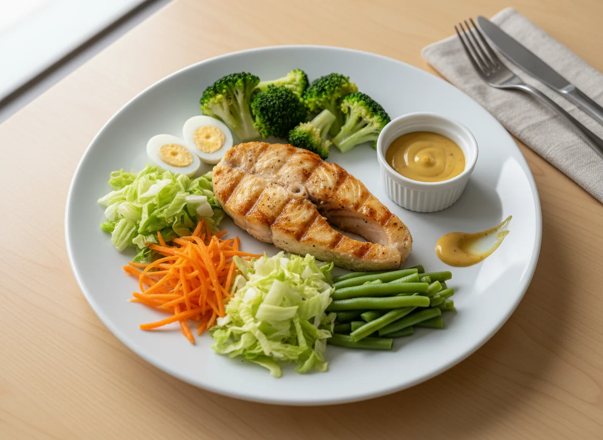 Peixe grelhado com vegetais e molho photo