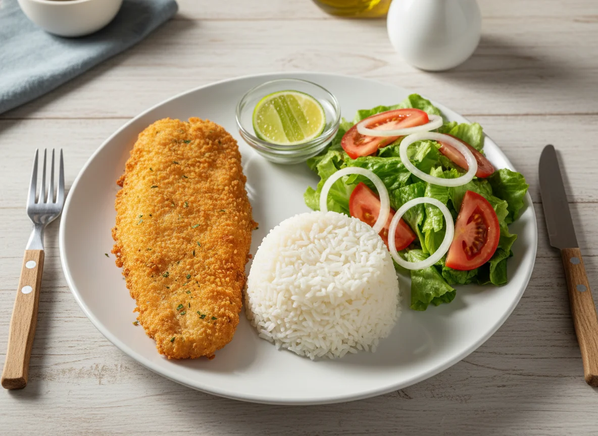 Peixe panado com arroz e salada photo