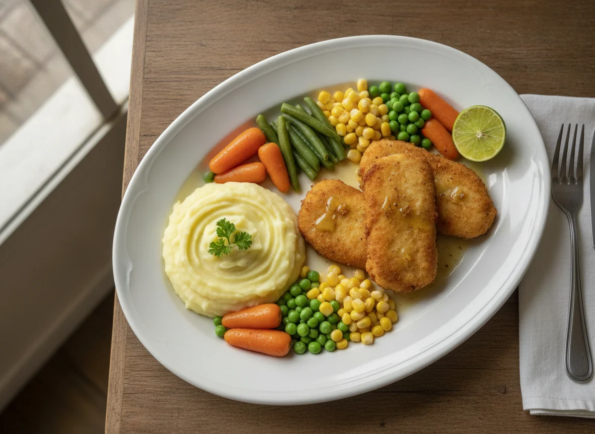 Peixe panado com puré de batata e legumes photo