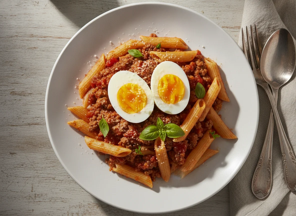 Penne à bolonhesa com ovo cozido photo