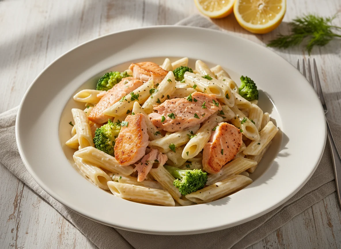 Penne ao molho branco com lascas de salmão e brócolis photo