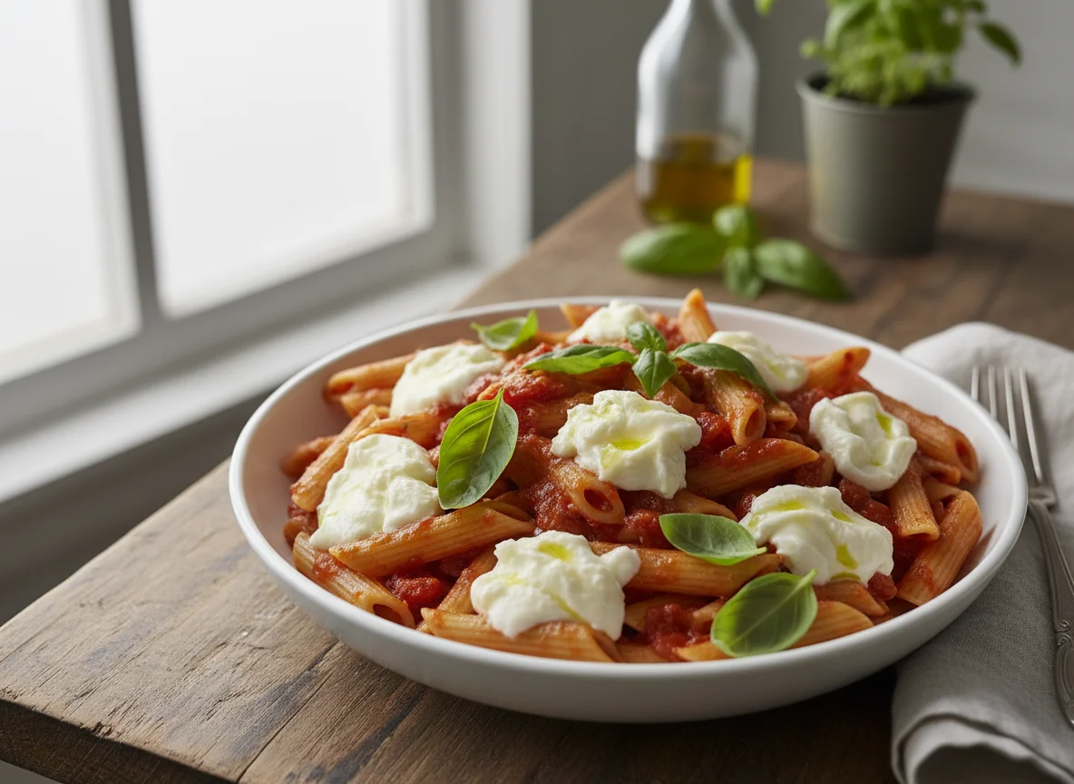 Penne ao molho de tomate com mussarela de búfala photo