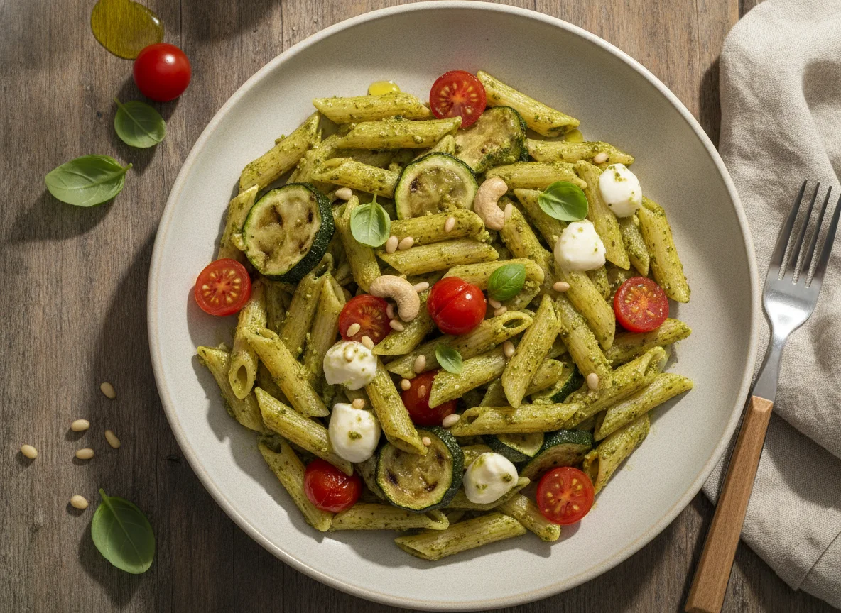 Penne ao Pesto com Tomate Cereja, Abobrinha e Muçarela photo