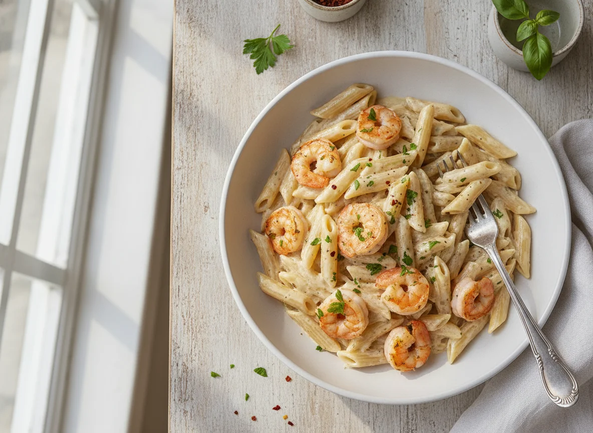 Penne com Camarão e Molho Branco photo