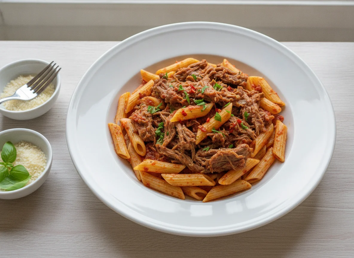 Penne com carne desfiada photo
