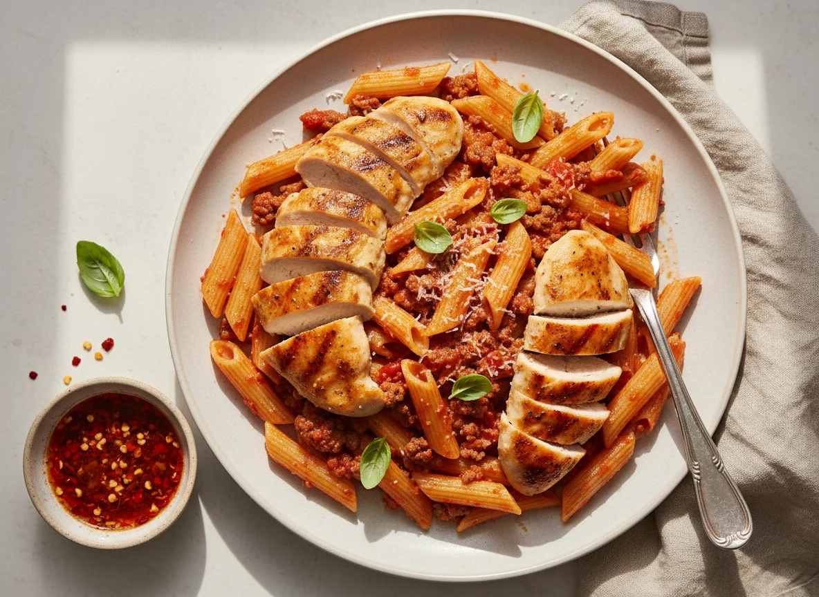 Penne com frango e molho de tomate photo