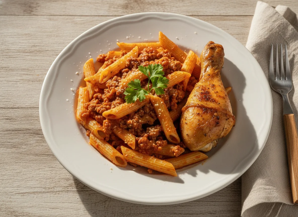 Penne com molho à bolonhesa e coxa de frango assada photo