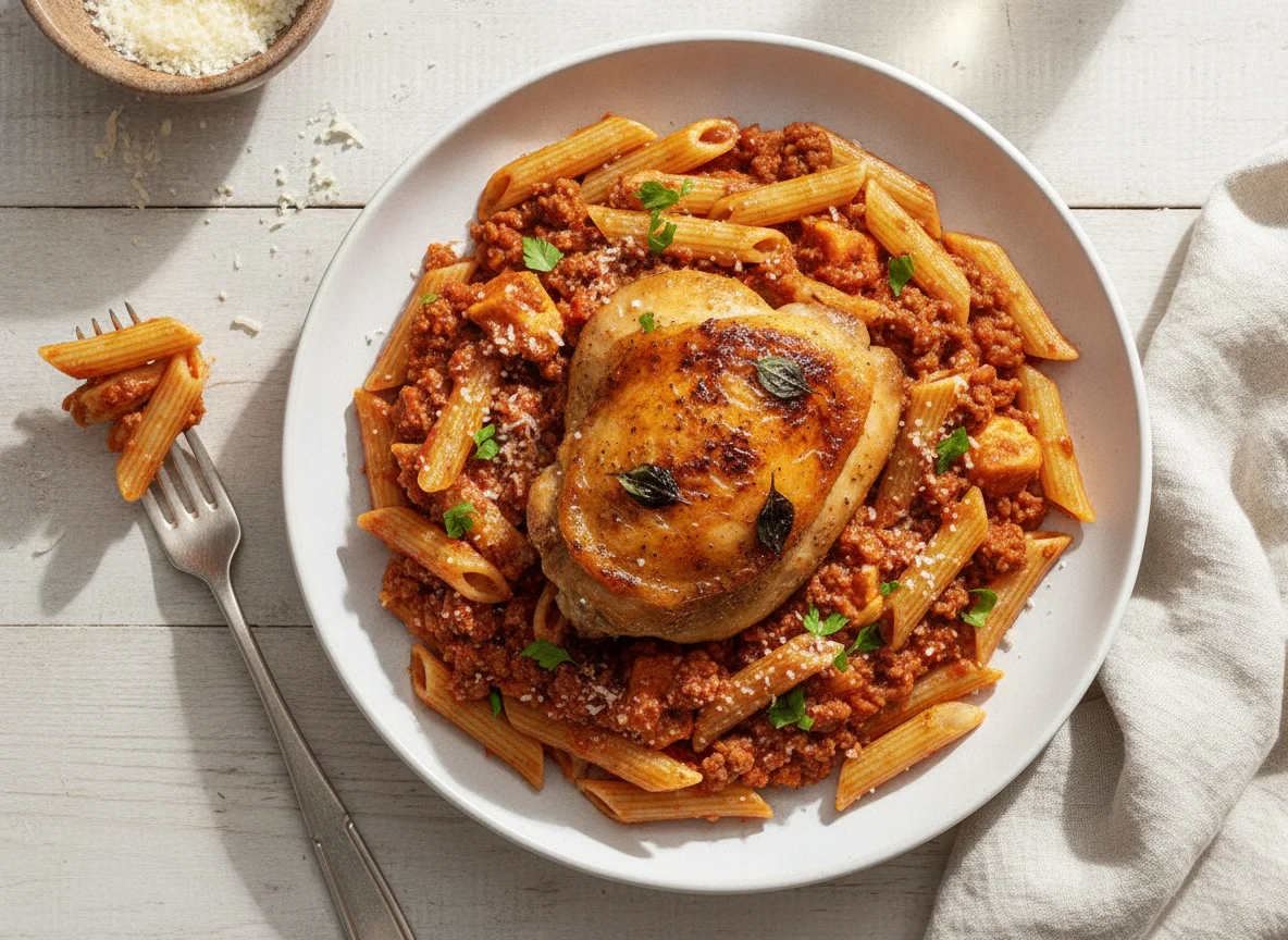 Penne com Molho à Bolonhesa e Frango photo