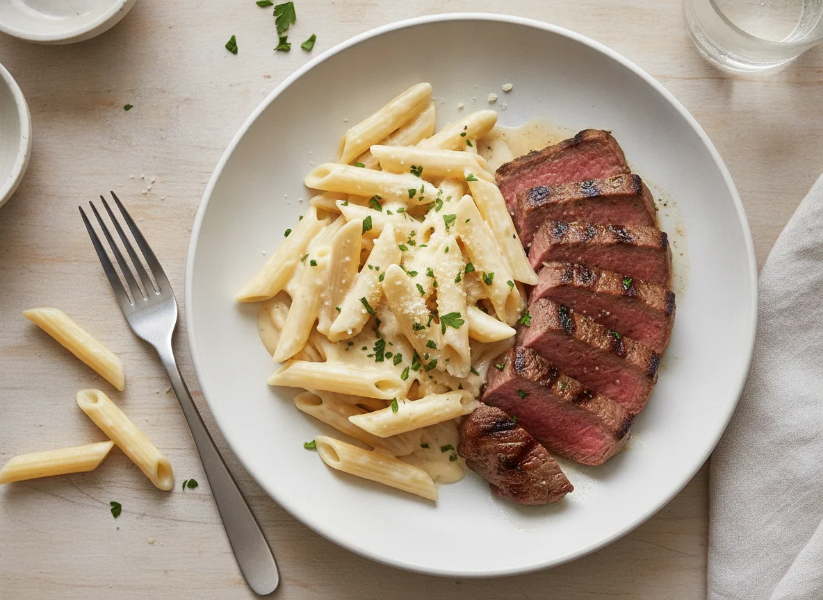 Penne com molho branco e bife photo