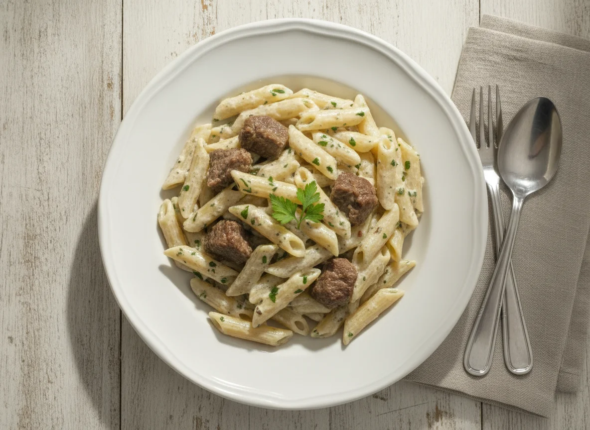 Penne com molho branco e carne em cubos photo