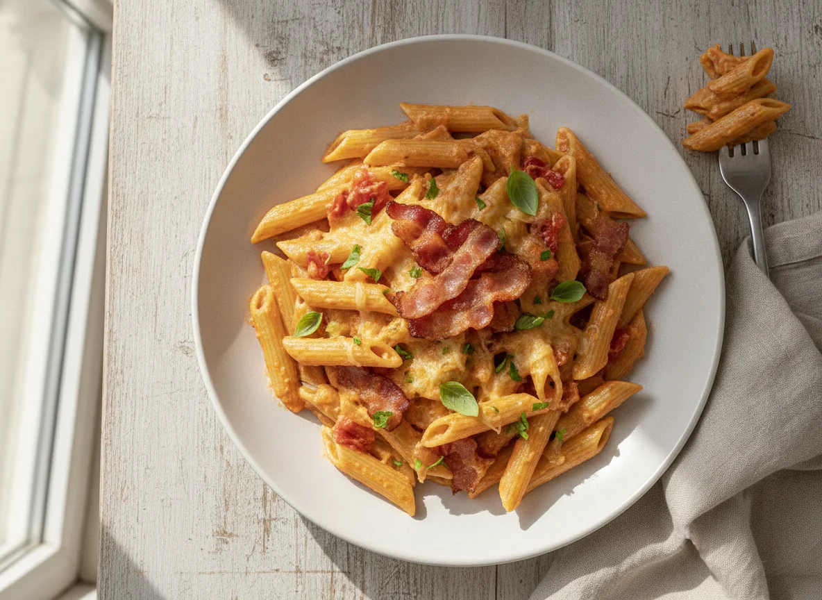 Penne com molho cremoso e bacon photo