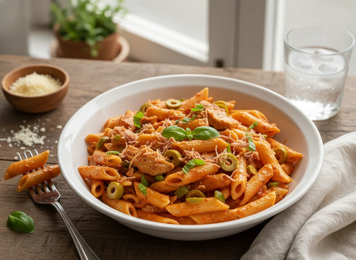 Penne com molho cremoso e vegetais photo