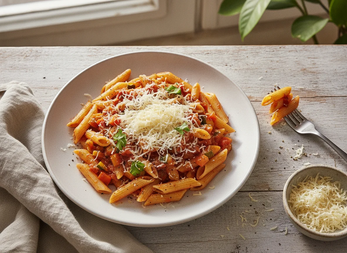 Penne com molho de legumes e queijo ralado photo