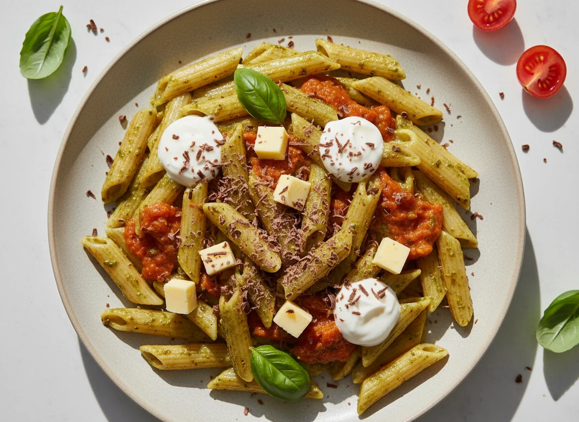 Penne com molho pesto e tomate photo