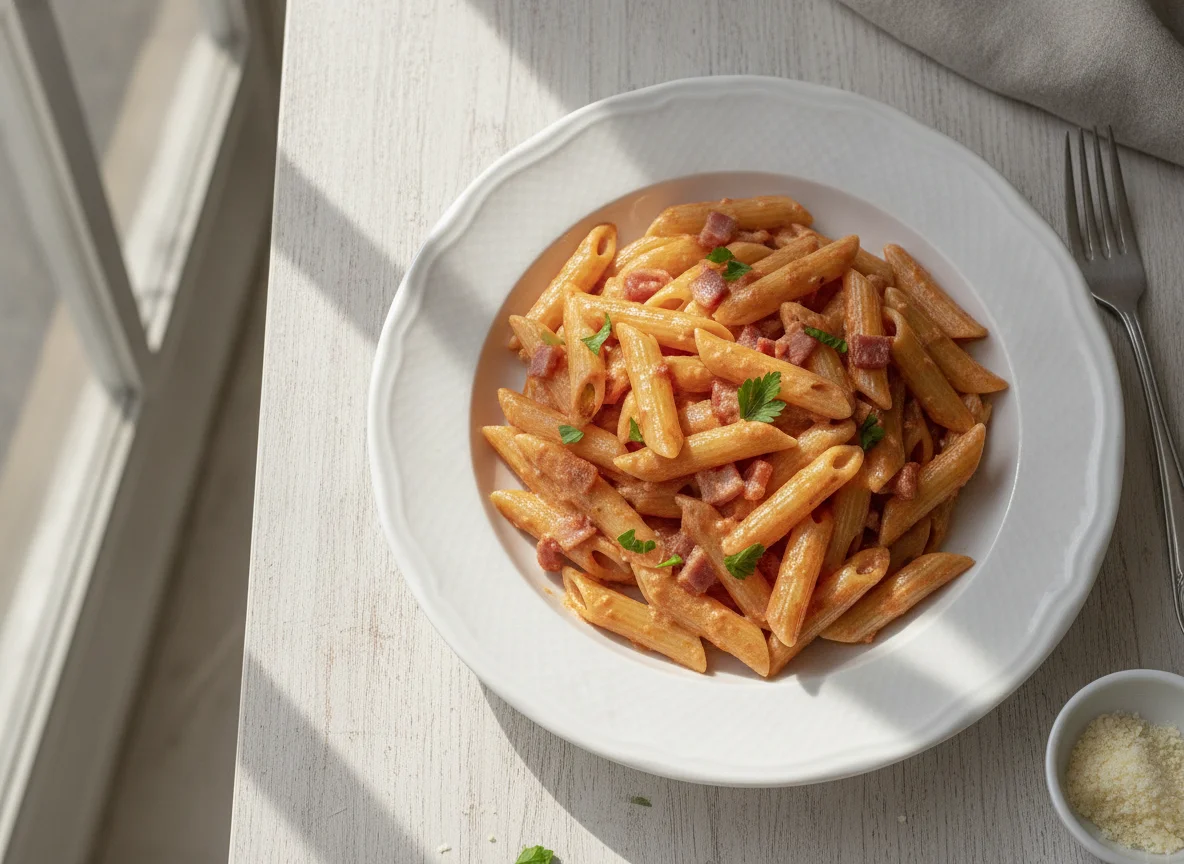 Penne com molho rosé e bacon photo