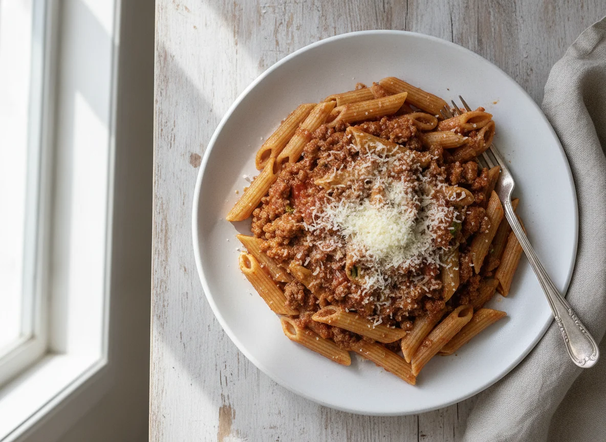Penne Integral com Molho à Bolonhesa e Queijo Ralado photo