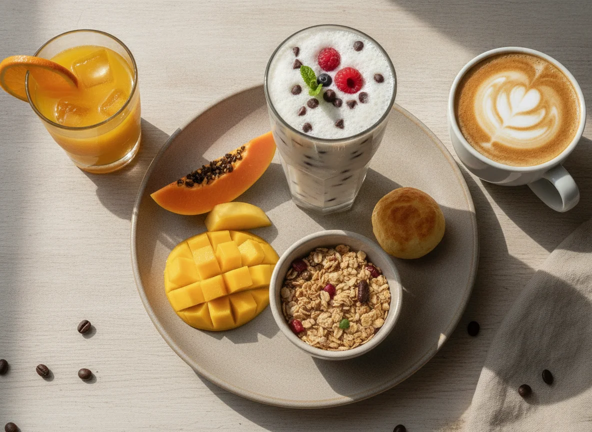 Pequeno-almoço com batido de proteína, café e sumo de laranja photo