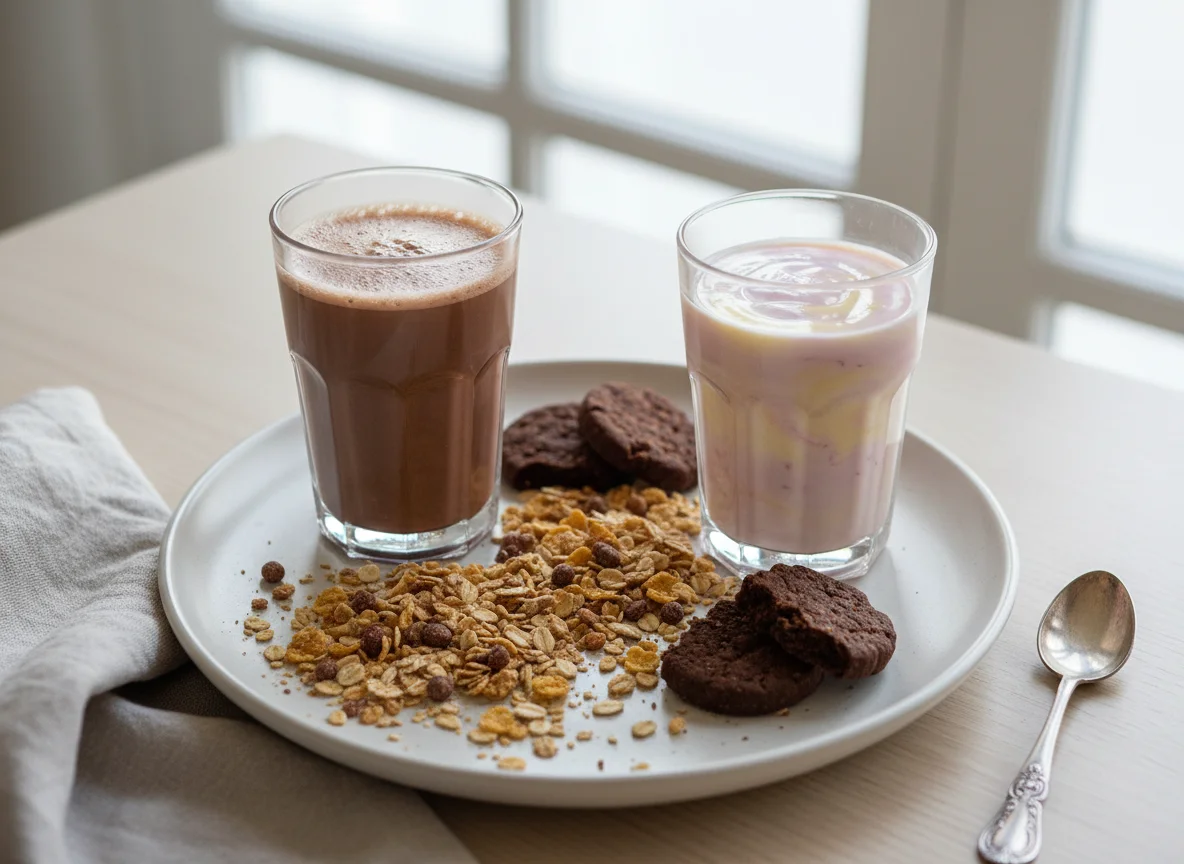 Pequeno-almoço com bebida de chocolate e iogurte photo