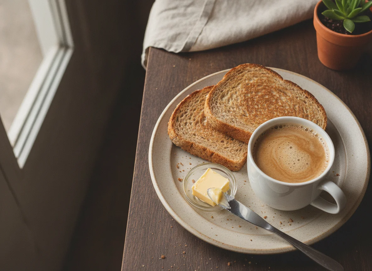 Pequeno-almoço com café com leite e torrada photo