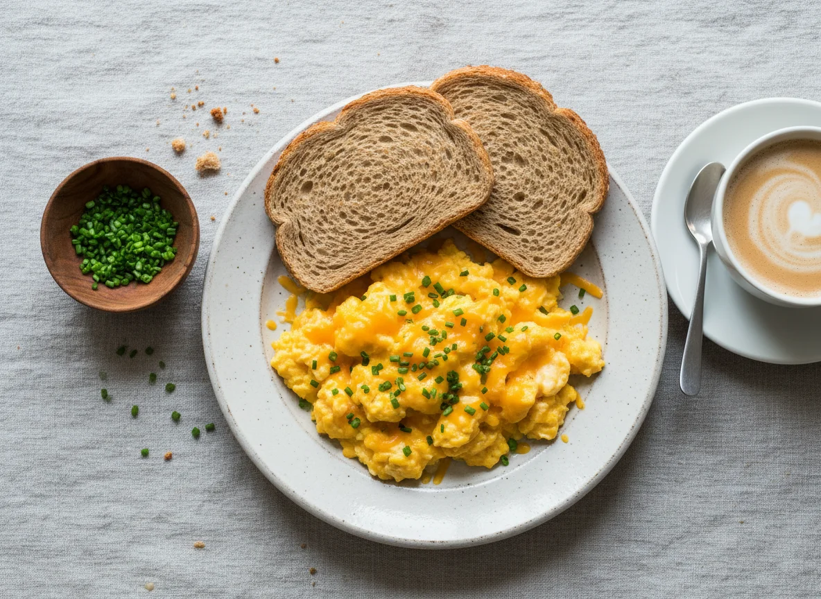 Pequeno-almoço com café, pão integral e ovos mexidos com queijo photo