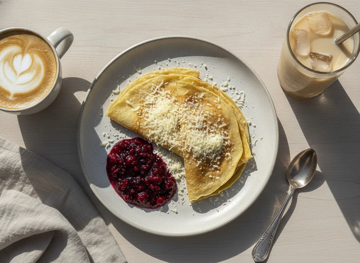 Pequeno-almoço com crepes e bebidas photo