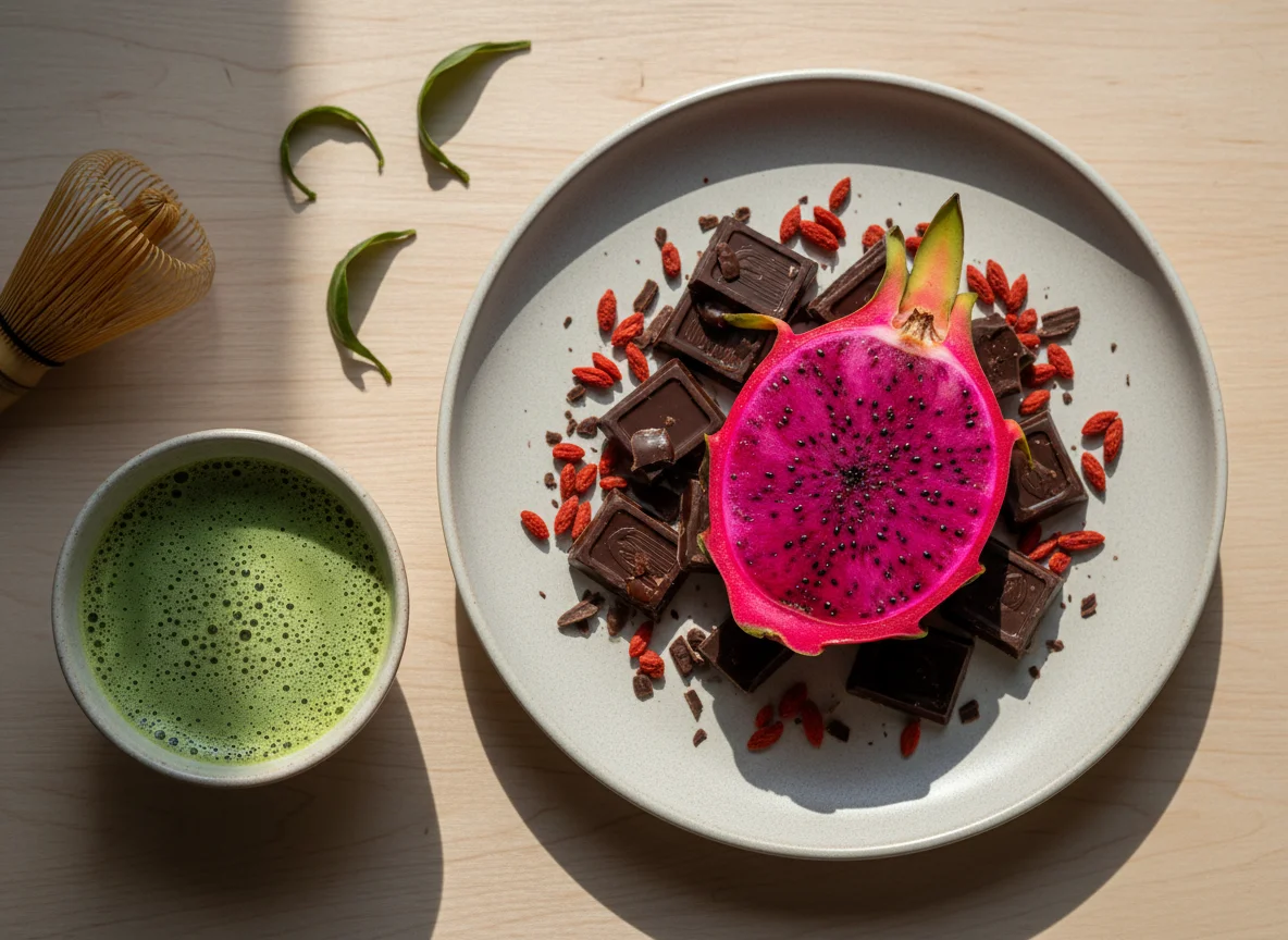 Pequeno-almoço com fruta, chocolate e chá photo