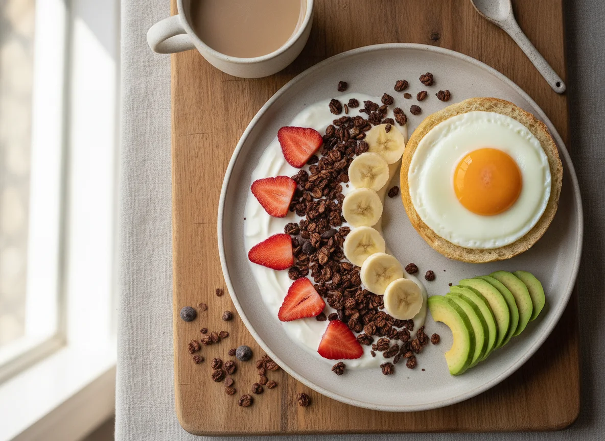 Pequeno-almoço com iogurte, granola, fruta e tosta de ovo photo