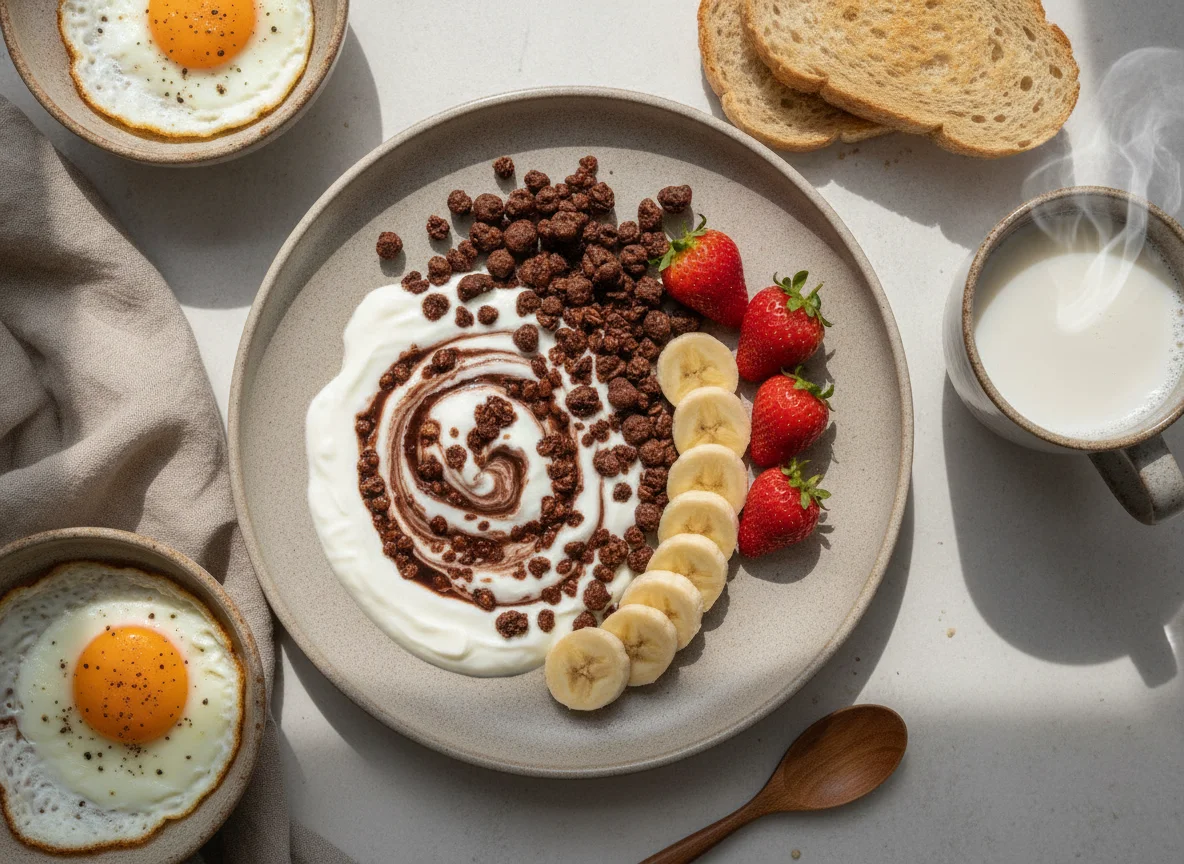 Pequeno-almoço com iogurte, granola, fruta, ovo estrelado e café photo